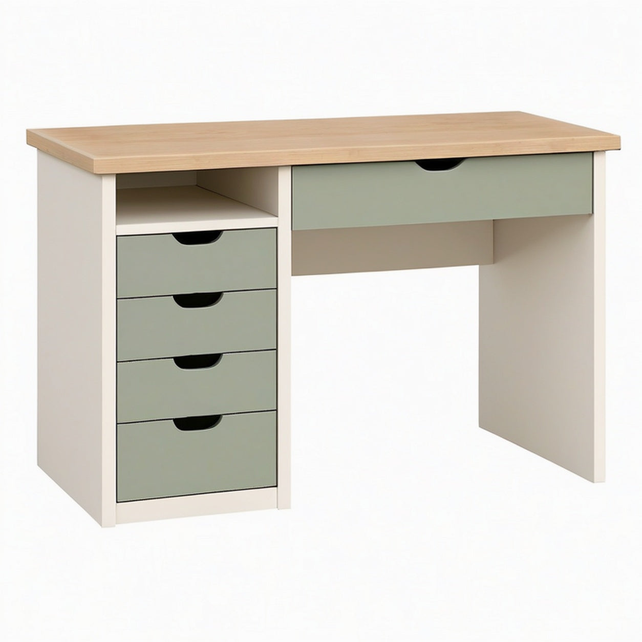 Bureau 120 x 60 x 75 cm en panneaux de bois beige et vert sauge avec 5 tiroirs