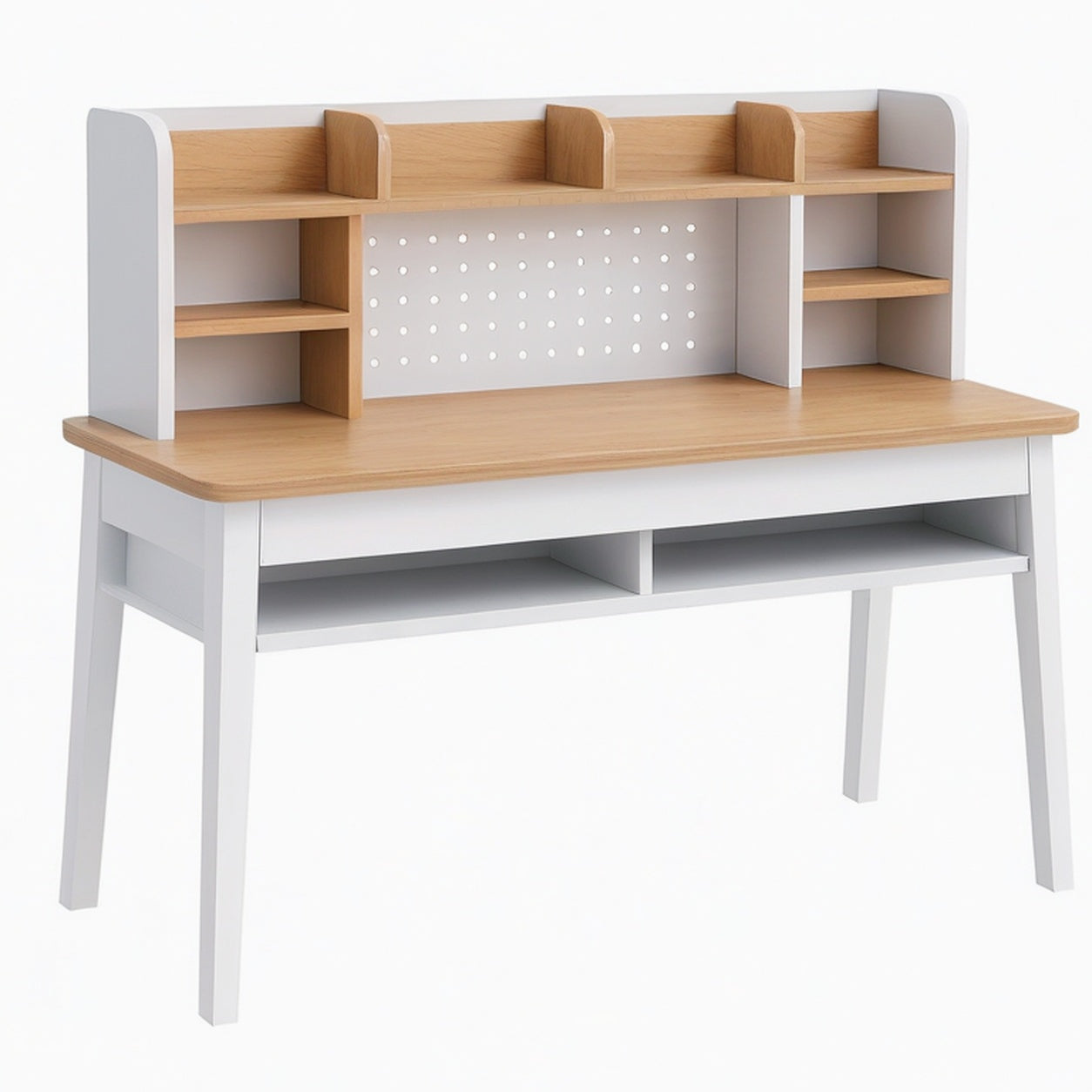 Bureau enfant 120 cm blanc et bois avec étagère de rangement