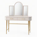Coiffeuse 120 x 45 x 150 cm beige et doré avec miroir triptyque et 2 tiroirs style contemporain