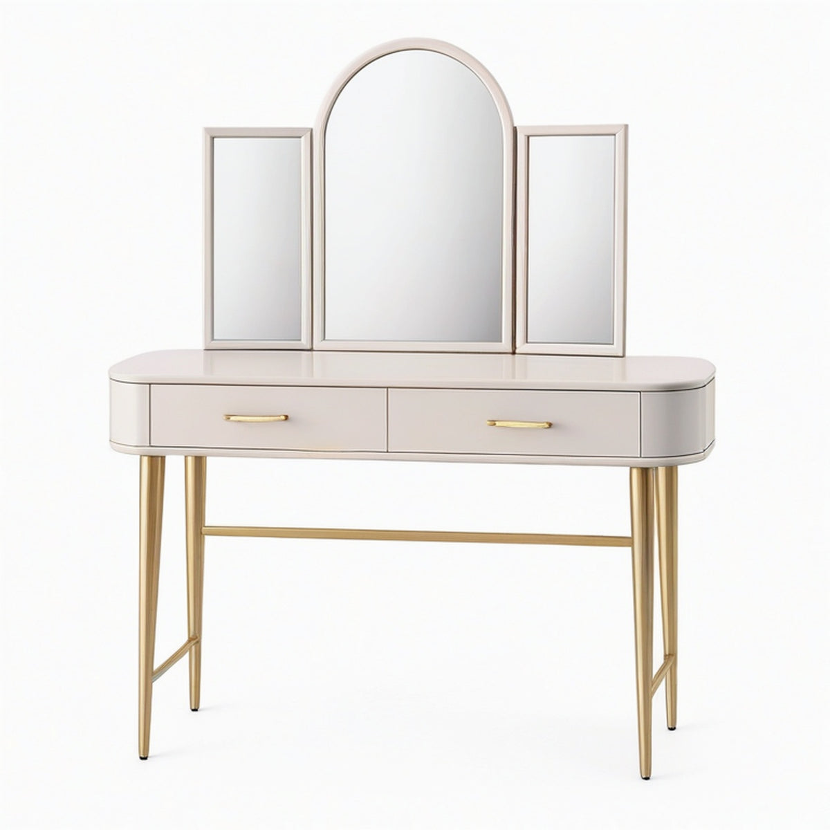 Coiffeuse 120 x 45 x 150 cm beige et doré avec miroir triptyque et 2 tiroirs style contemporain