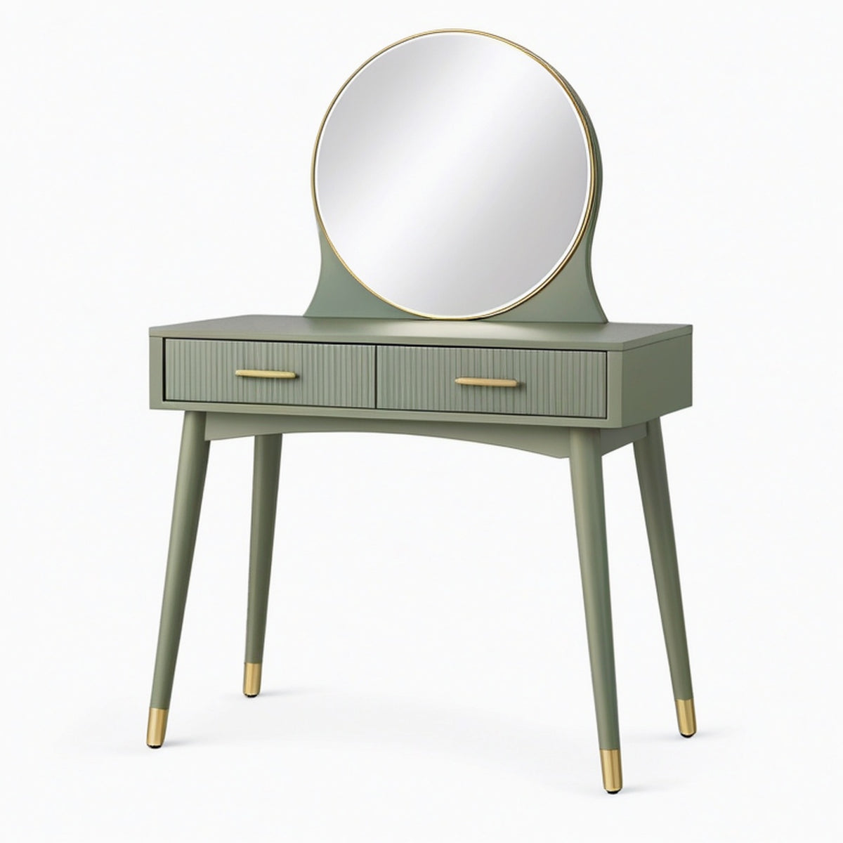 Coiffeuse 100 x 45 x 140 cm en bois vert avec miroir rond et 2 tiroirs style moderne