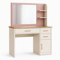 Coiffeuse 100 x 45 x 140 cm en panneaux de bois rose et blanc avec miroir et rangements