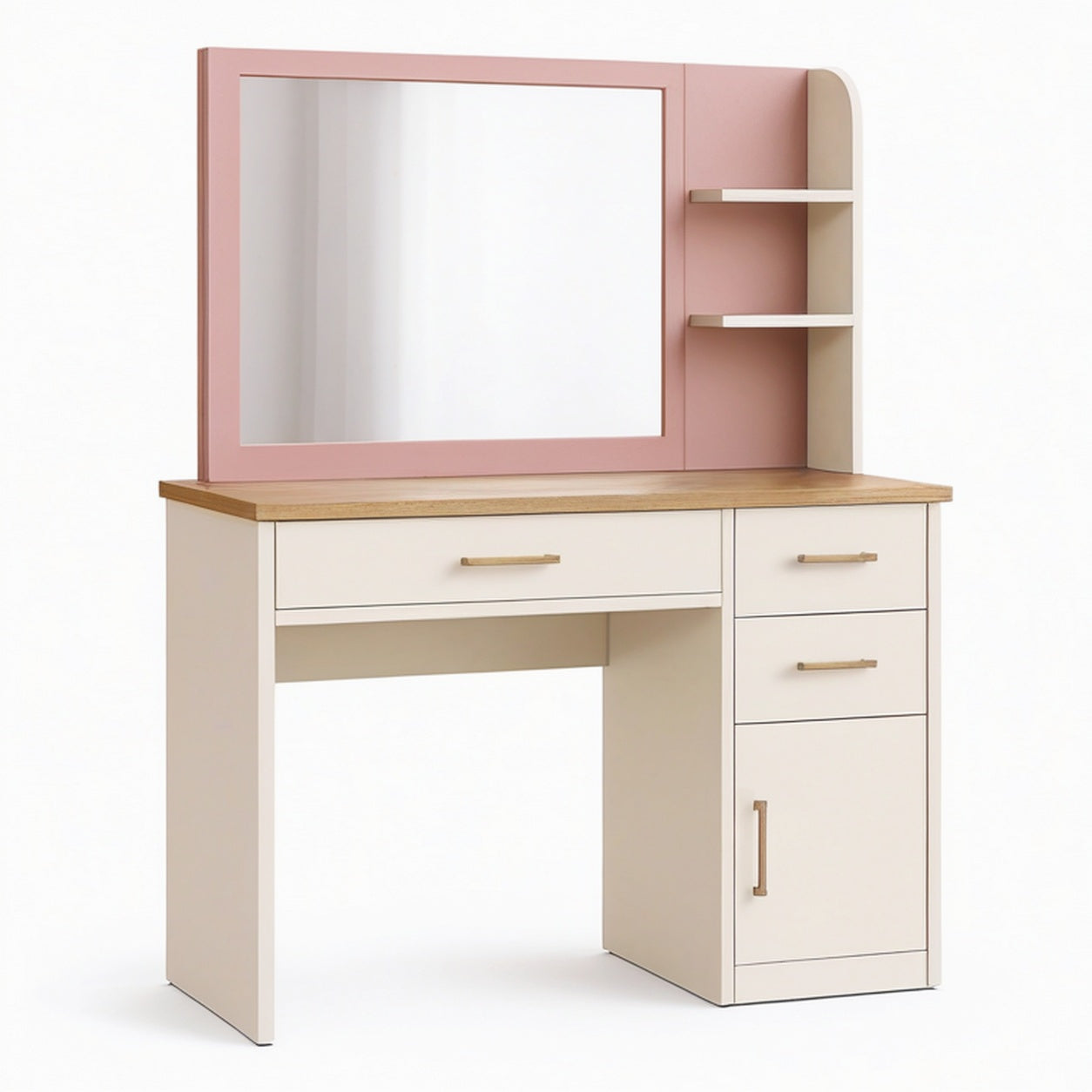 Coiffeuse 100 x 45 x 140 cm en panneaux de bois rose et blanc avec miroir et rangements