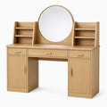 Coiffeuse 120 x 50 x 155 cm en bois chêne clair avec miroir rond et rangements