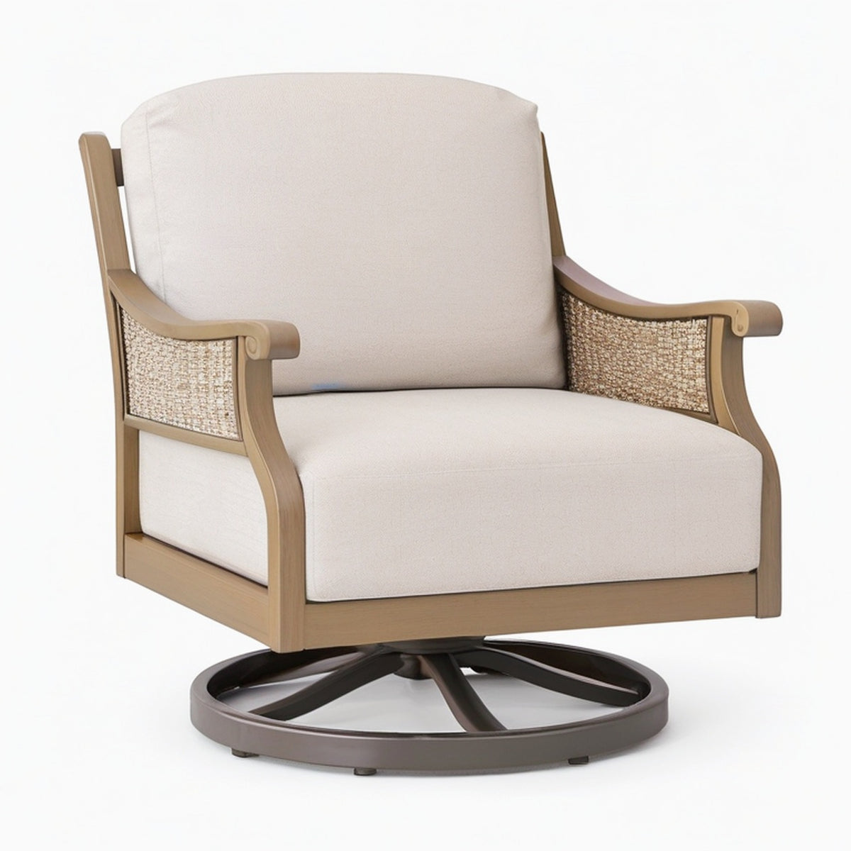 Fauteuil pivotant 82 x 84 x 101 cm en bois beige et marron à accoudoirs tressés