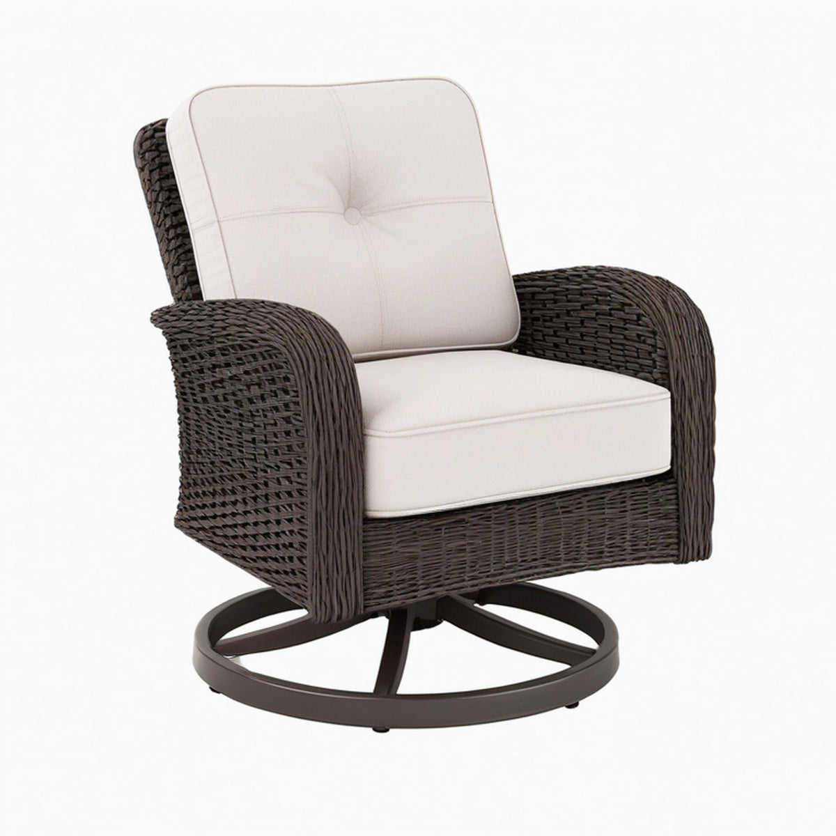 Fauteuil de jardin pivotant 82 x 85 x 95 cm en résine tressée marron avec coussins beige