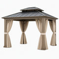 Tonnelle de jardin 400 x 400 x 330 cm en bois brun avec toit métallique anthracite et rideaux style pavillon