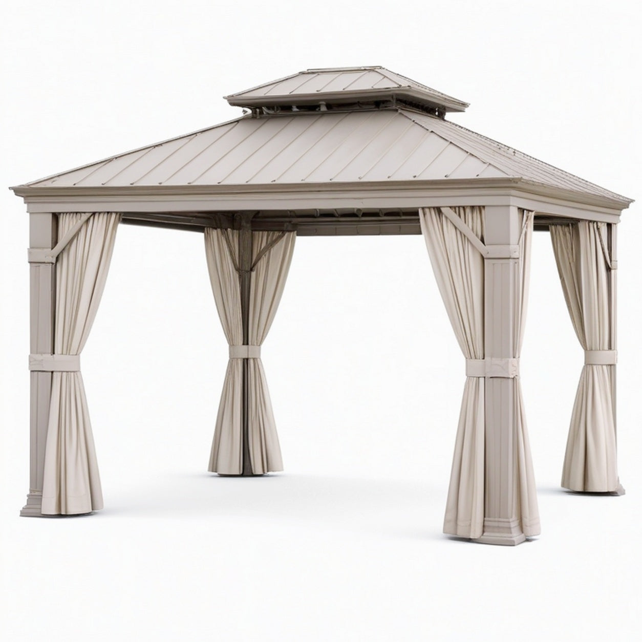 Tonnelle de jardin 300 x 300 x 300 cm en métal beige avec rideaux toit ventilé