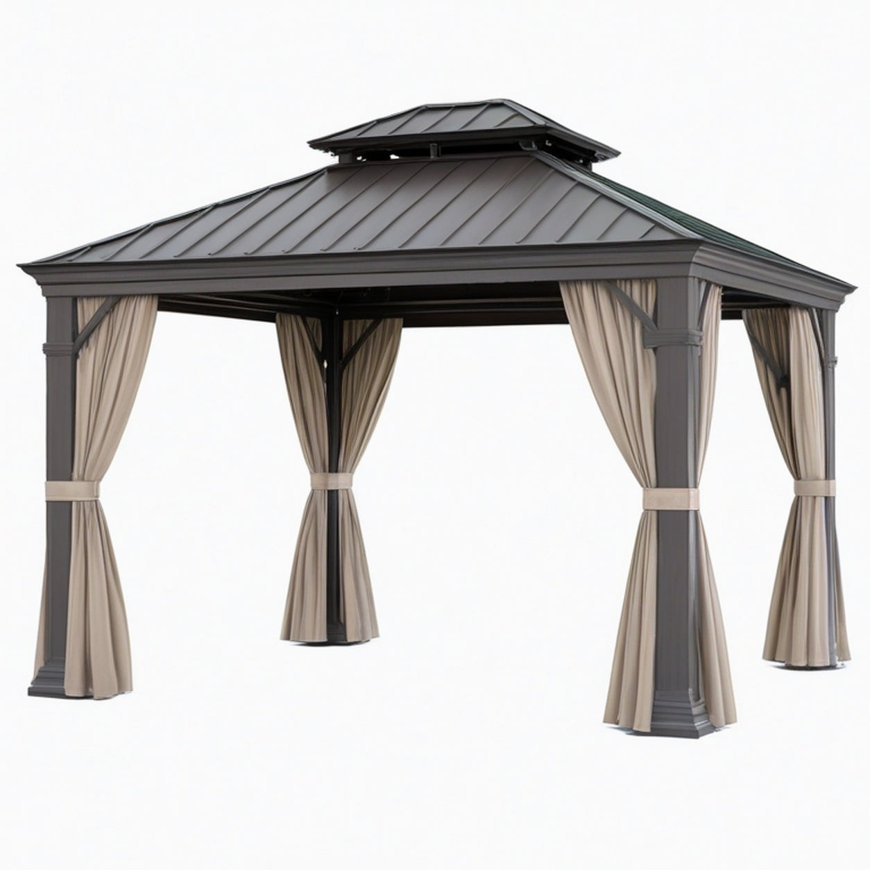 Tonnelle de jardin 300 x 300 cm en métal gris avec rideaux beiges toit ventilé