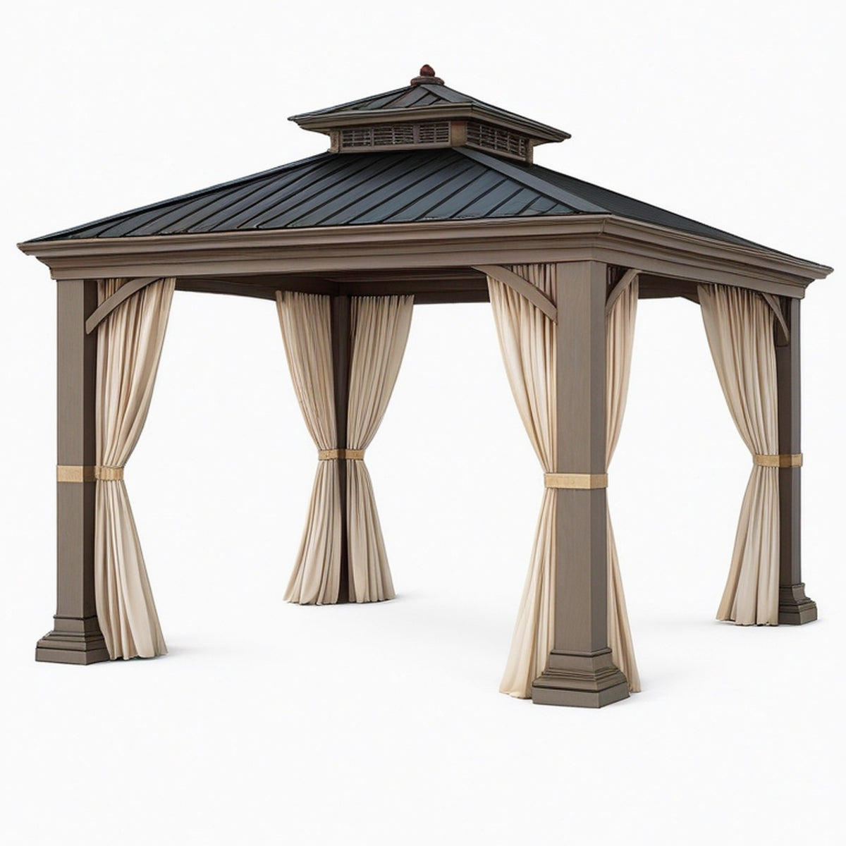 Tonnelle de jardin 300 x 300 cm en métal brun avec rideaux beiges style pavillon