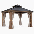 Pavillon de jardin 300 x 300 cm en bois marron avec toit noir et rideaux style classique