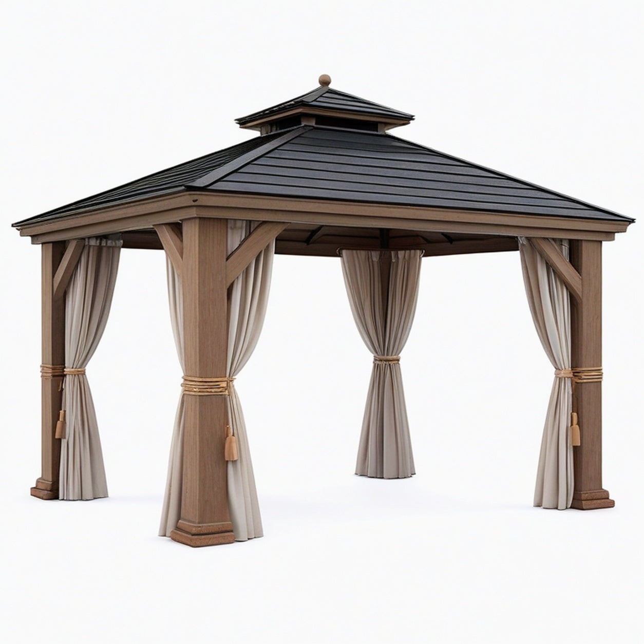 Pavillon de jardin 300 x 300 cm en bois marron avec toit noir et rideaux style classique