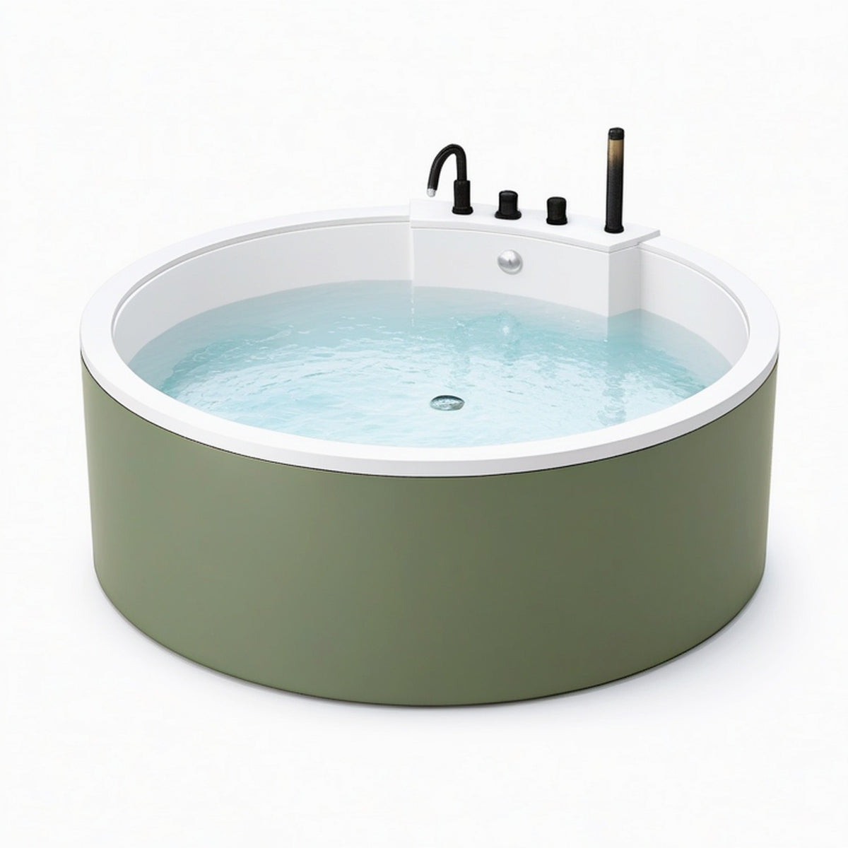 Baignoire ronde diamètre 150 cm en acrylique blanc et vert avec robinetterie noire - style contemporain