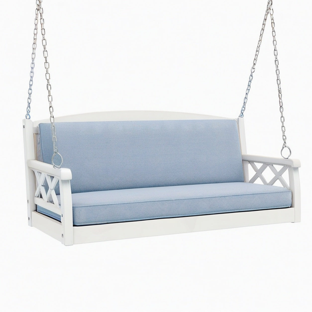 Balançoire de jardin suspendue 150 x 65 x 55 cm en bois blanc avec coussins bleu clair style classique