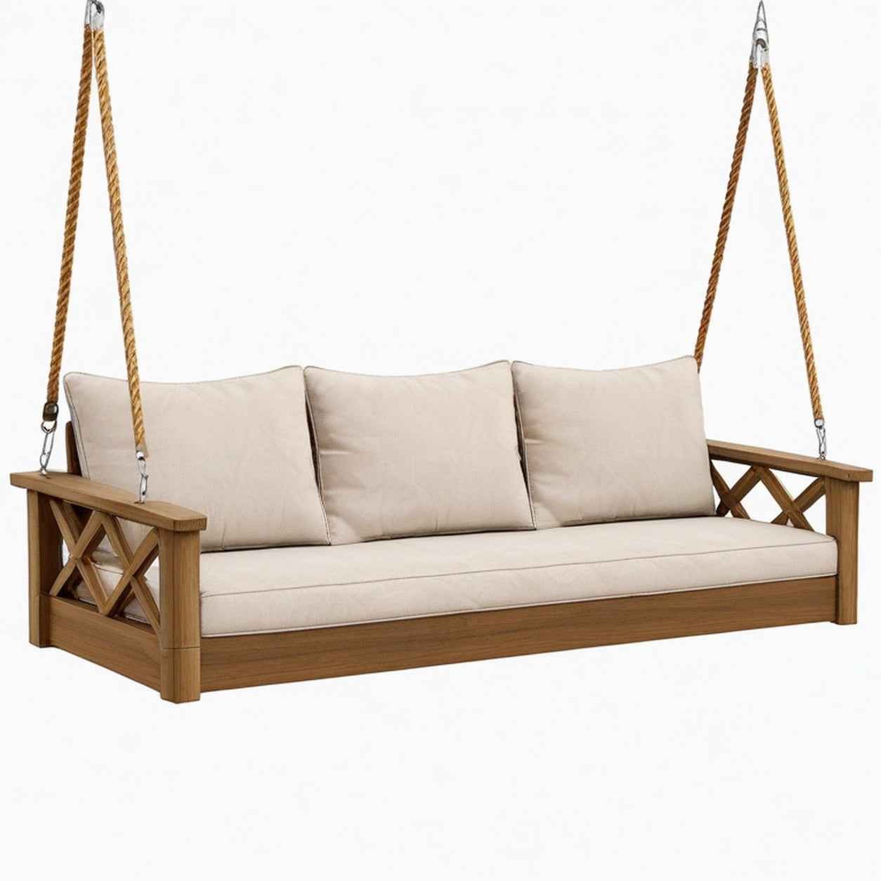 Balancelle de jardin 3 places 200 cm bois marron et beige suspendue
